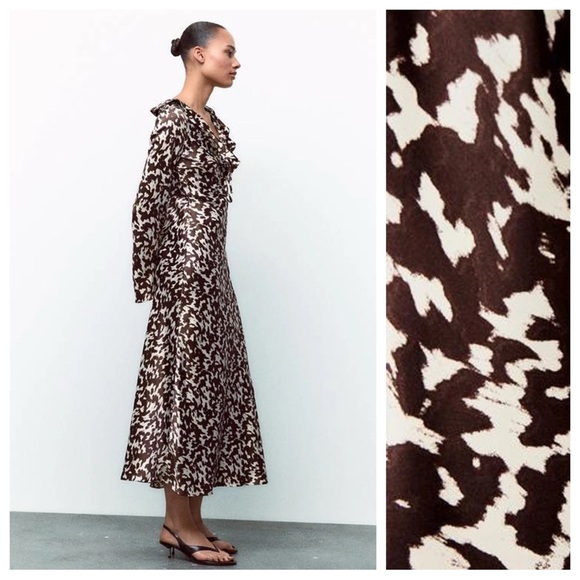 NWT. Zara Brown/Cream Printed Satin Effect Midi Dress with Ruffles. Size XXL. - Picture 4 of 12